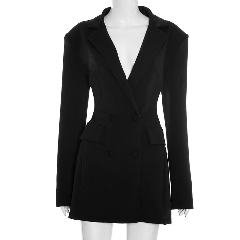 Women Clothing Autumn Solid Color Casual Slim Fit Suit Long Sleeve Bud Faux Pocket Dress