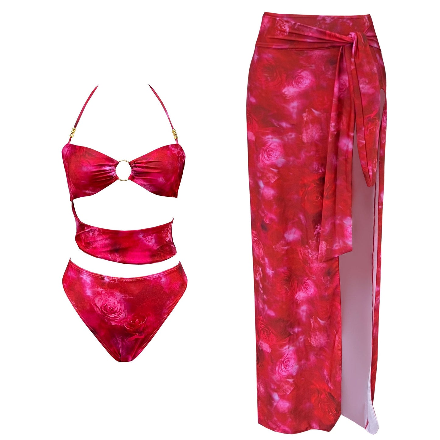 Retro Color Printing Multi Rope Hollow Out Cutout out Sexy Swimsuit Women Half Body One Piece Wrap Skirt Two Piece Sets