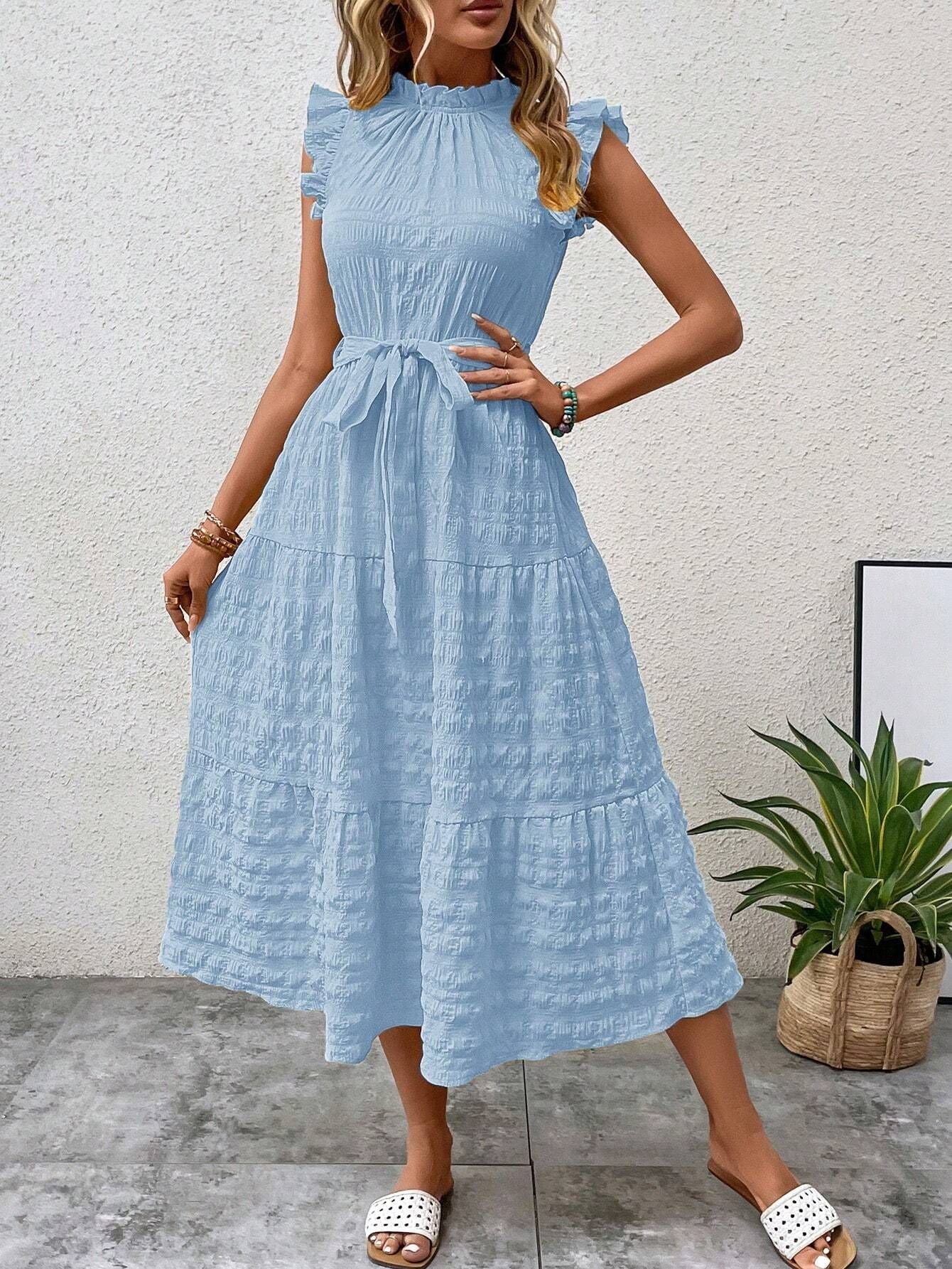 Women Clothing Summer Fashionable Stringy Selvedge Flying Sleeves Lace Up Texture Dress