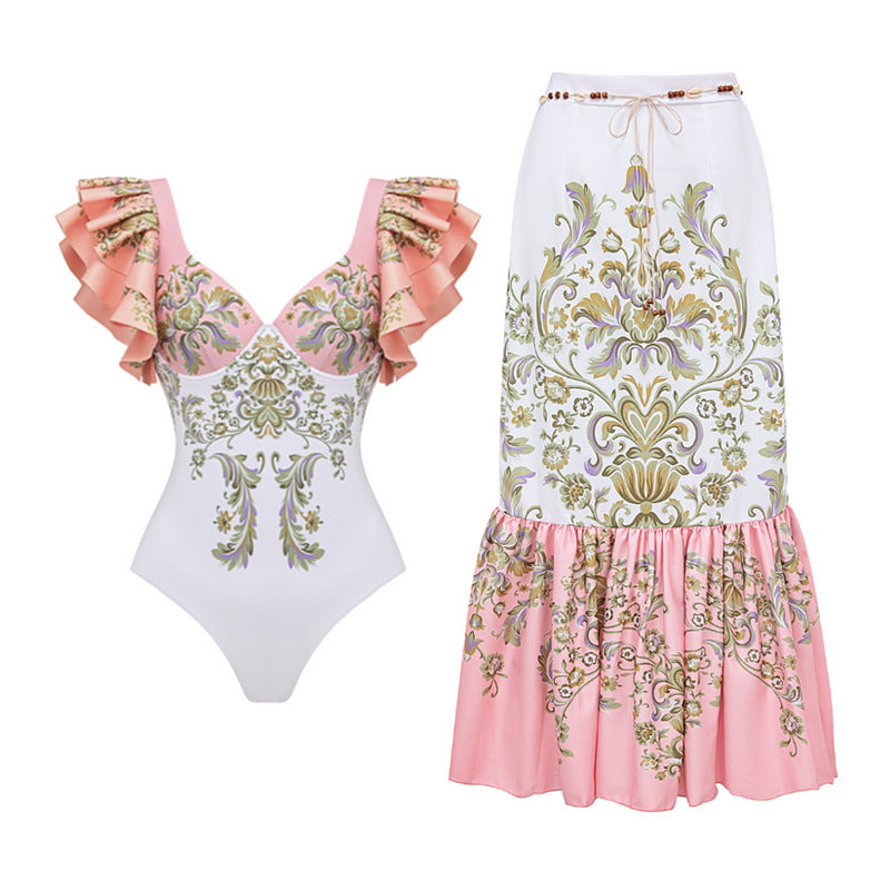 Ruffled One Piece Swimsuit Women Beach Vacation Skirt Swimsuit
