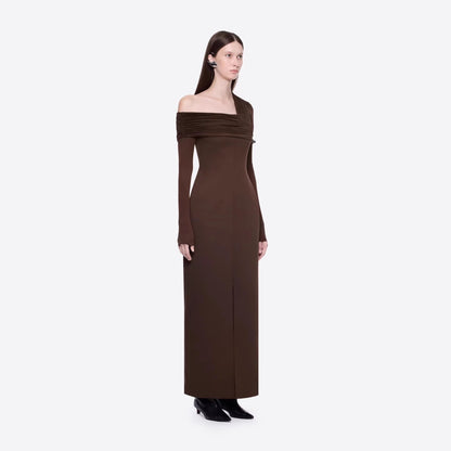 Spring Dark Brown One Shoulder Dress Pleated High Slit Maxi Dress the Dinner Party Host
