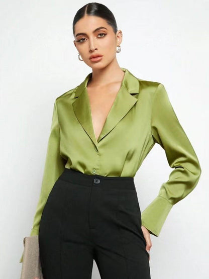 Satin Faux Silk Shirt Spring Summer Women Clothing Minimalist Long Sleeve Shirt Top