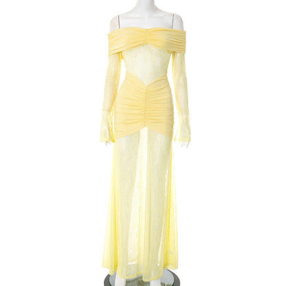 Women Clothing Summer Lace Stitching off Shoulder Slit Long Sleeve Dress Maxi Dress for Women