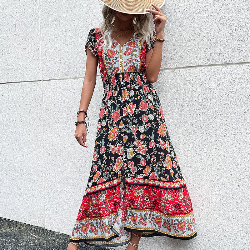 Women Summer Ethnic Holiday Dress V neck Tight Waist Petal Sleeve Mid Length Split Dress