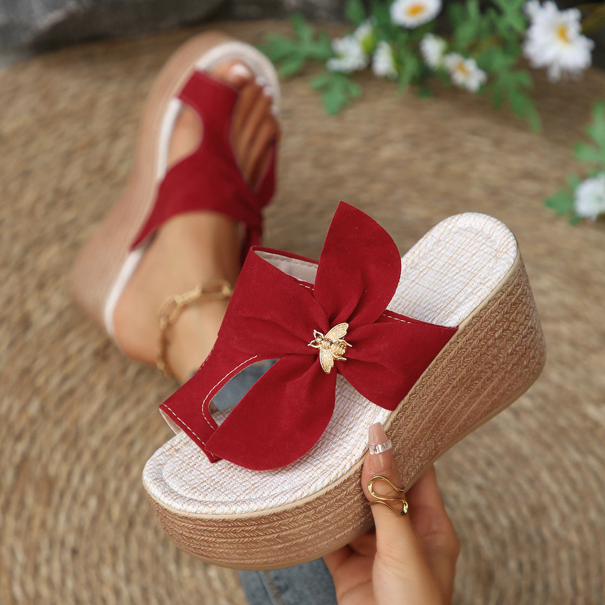 Metal Buckle Suede Toe Covering Wedge Slippers Women Bow Platform Muffin Beach Sandals