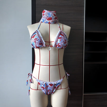 Printed Lace up Split Swimsuit Women Lace Sexy Bikini