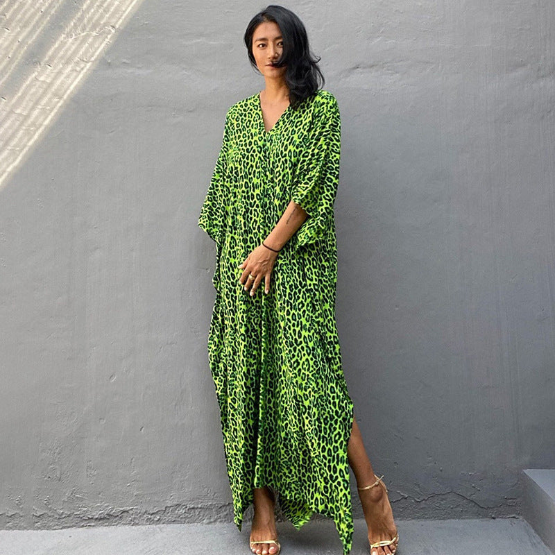 Printed Long Skirt Beach Cover up Vacation Maxi Dress Bikini Swimsuit Blouse Sun Protection Shirt