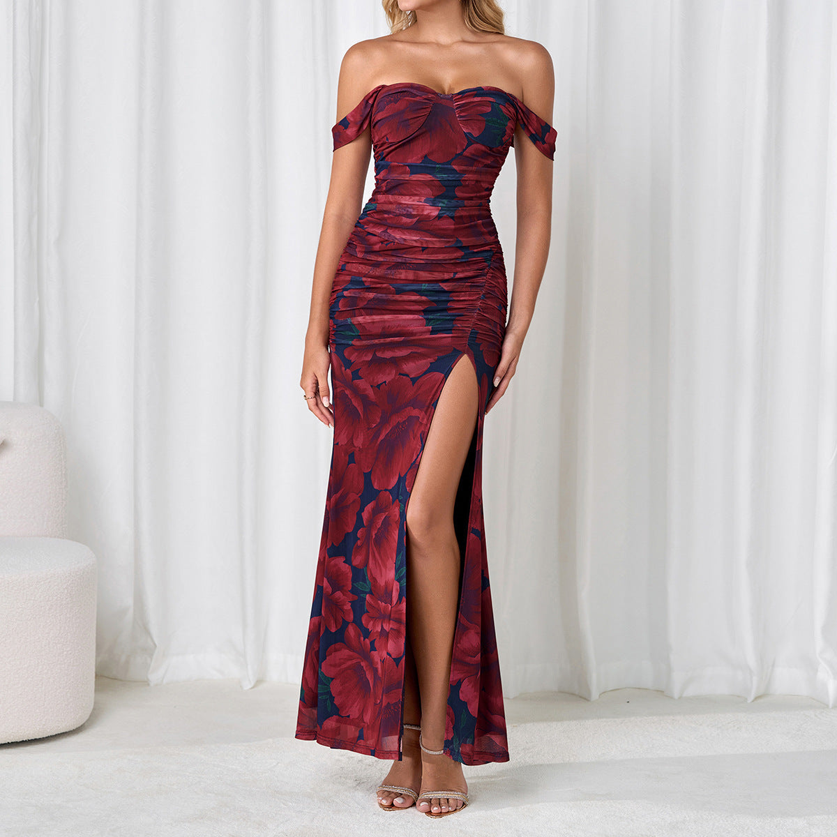 Mesh Camisole Dress Backless High Slit off Neck Slim Fit Ruffle Hip Dress