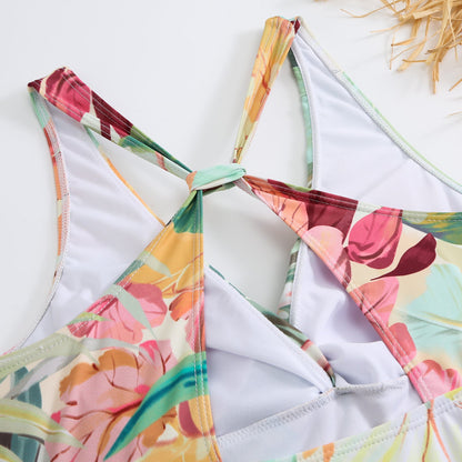 One Piece Swimsuit Women Conservatively Thin Vintage Printed Hard Bag Swimsuit with Steel Bracket Tulle Skirt