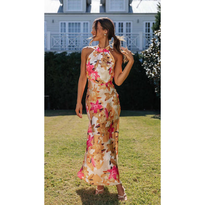 Spring Summer Floral Digital Printing Sweet Halter Mid Length Dress