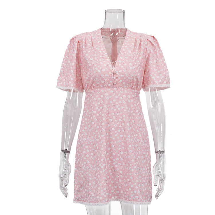 Women Clothing Summer Floral Dress Casual V neck Short Sleeve High Waist Short Dress
