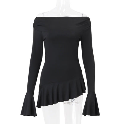 Women Clothing Spring Summer off Shoulder Bell Sleeve Long Sleeved Fitted T shirt Top Women