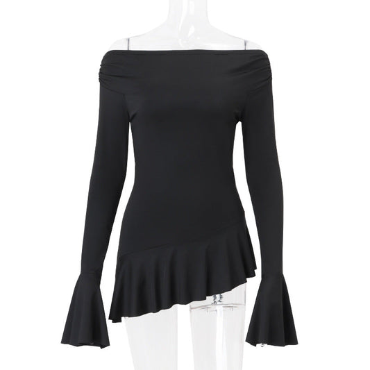 Women Clothing Spring Summer off Shoulder Bell Sleeve Long Sleeved Fitted T shirt Top Women