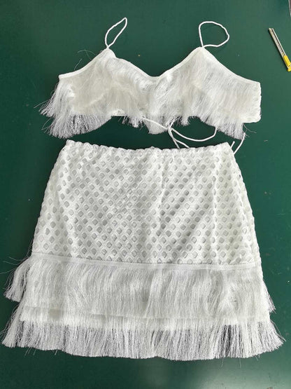 Sleeveless Split Beach Skirt Set Solid Color Tassel Sexy Shorts Strap