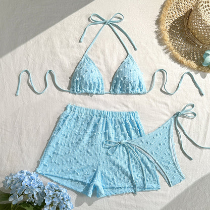 Sexy Three Piece Bikini Solid Color Halter Lace up Swimsuit Women