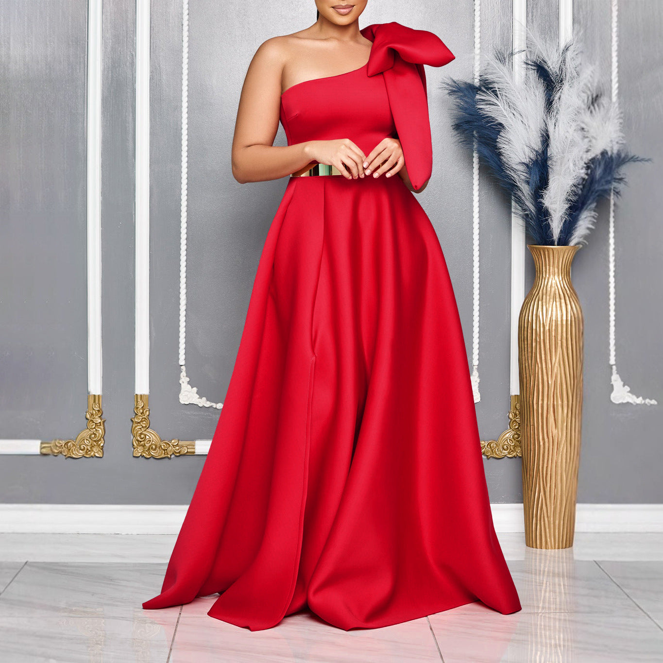 Summer Graceful Fashionable Oblique Shoulder Bow Cocktail Formal Maxi Dress