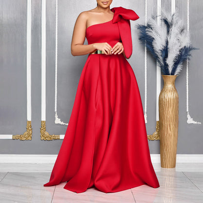 Summer Graceful Fashionable Oblique Shoulder Bow Cocktail Formal Maxi Dress