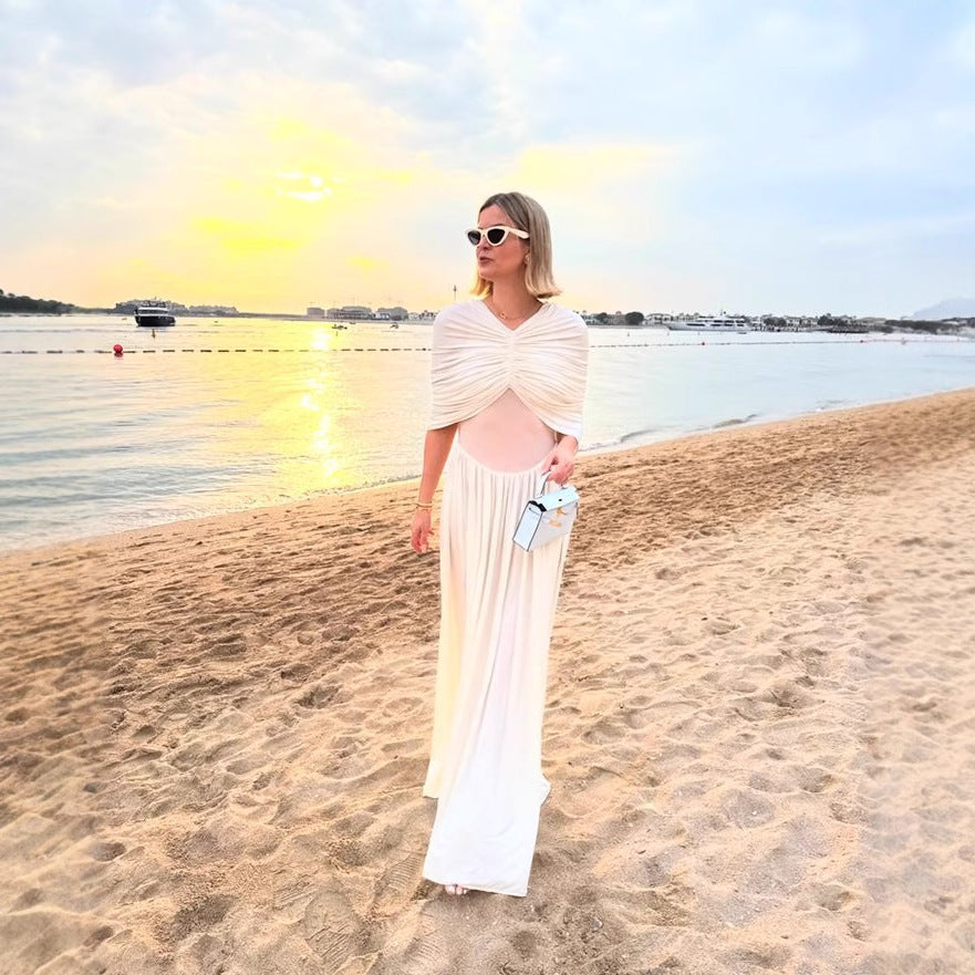 Spring Summer Shawl Pleated V neck High Waist Maxi Dress