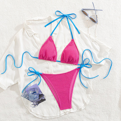 Bikini Sexy Bikini Solid Color Plaid Fabric Halter Swimsuit