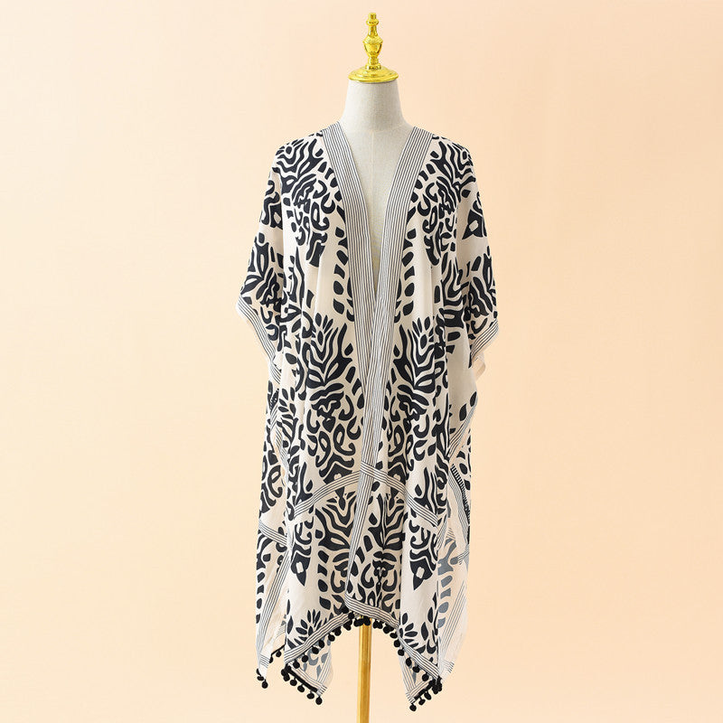 Spring Summer Striped Floral Print Pattern Chiffon Sun Protective Blouse Ball Decorative Cardigan
