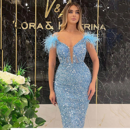 Spring Summer Women Deep V Plunge Sequ Sexy Evening Dress Feather Sequ Sleeveless Formal Dress