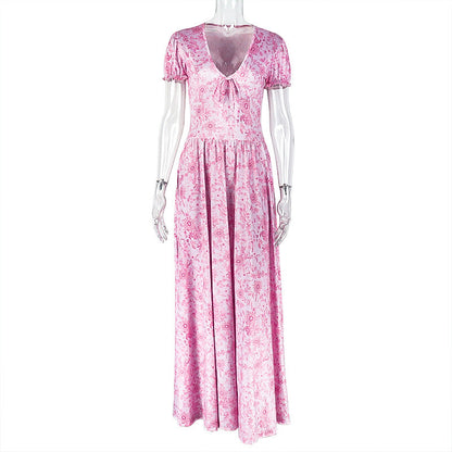 Sweet Women Clothing Printing Elegant A line Dress Pleated V neck Bubble Sleeve Length Dress