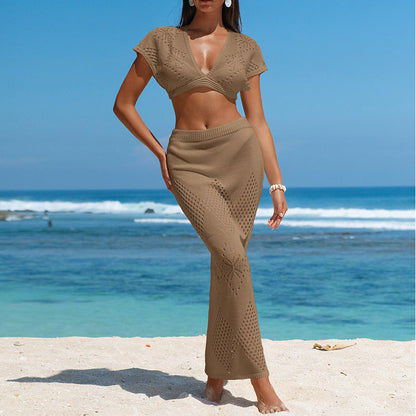 Women Knitted V Neck Top Two Piece Skirt