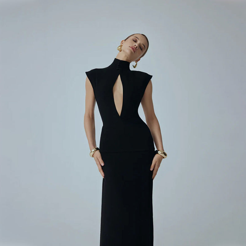 Women Clothing Black Fashionable Slim Fit Figure Flattering Stand Collar Chest Hollow Out Cutout out Mesh Stitching Mop Dress