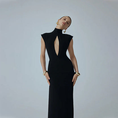 Women Clothing Black Fashionable Slim Fit Figure Flattering Stand Collar Chest Hollow Out Cutout out Mesh Stitching Mop Dress