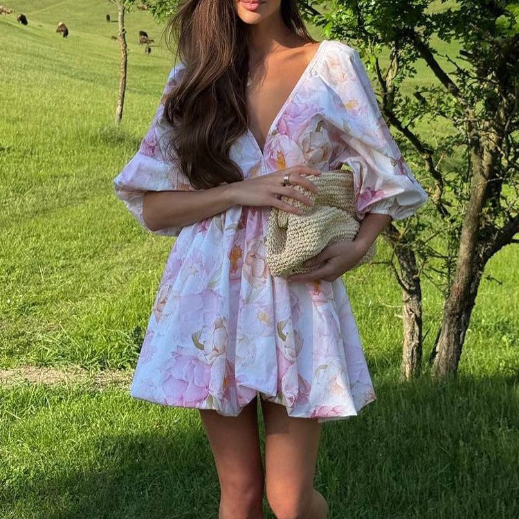 Printed Dress for Women Summer Sexy Backless V neck Puff Sleeve Tied High Waist A line Dress