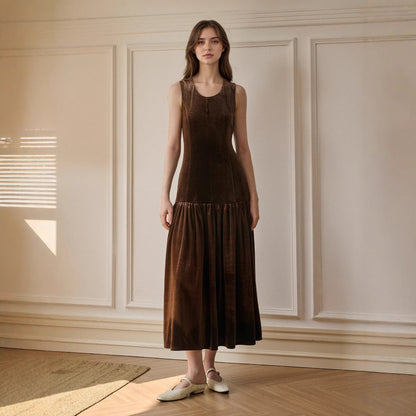 Women Clothing Autumn Solid Color Pleated Dress Sleeveless Slimming Velvet Dress