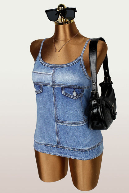Autumn Women Imitation Denim Sling Personality Sleeveless T shirt