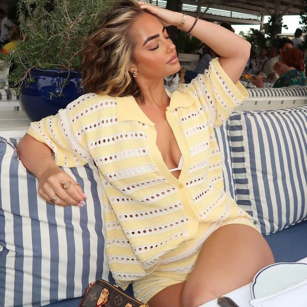Solid Color Sexy Knitted Beach Bikini Swimsuit Blouse Sun Proof Set Women