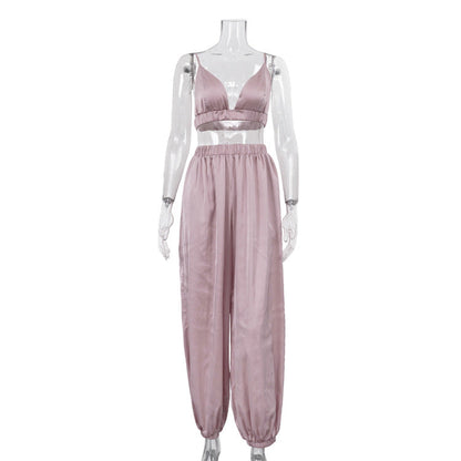 Sexy Vest Women Summer Sleeveless Sling Loose Fit Tappered Trousers Two Piece Set