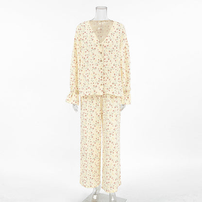 Loose Comfortable Homewear Spring Pure Cotton Printed Long Sleeved Trousers Comfortable Pajamas Women