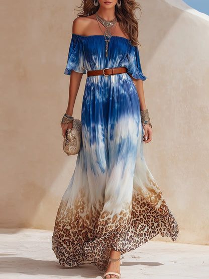 Bohemian Tie Dye Gradient off Shoulder Dress Leopard Splicing Loose Elegant Holiday Dress