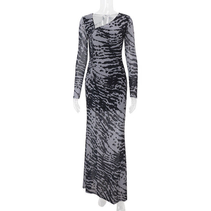 Women Clothing Autumn Retro Sexy off Shoulder Zebra Stripe Slim Fit Long Sleeve Dress Women