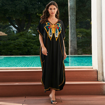 Cotton Embroidered Holiday Loose Plus Size Maxi Dress Seaside Beach Jacket Blouse Dress Bikini Cover up