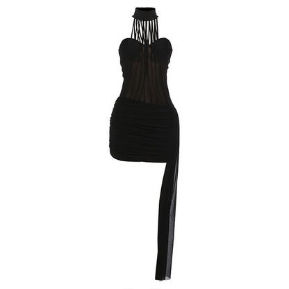 Autumn Winter Women Clothing Sexy Mesh Stitching Slim Slim Backless Halter Sheath Dress