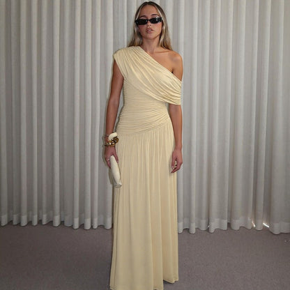 Women Clothing Spring Arrival Fashionable Sexy Diagonal Collar Pleated Asymmetrical Solid Color Dress