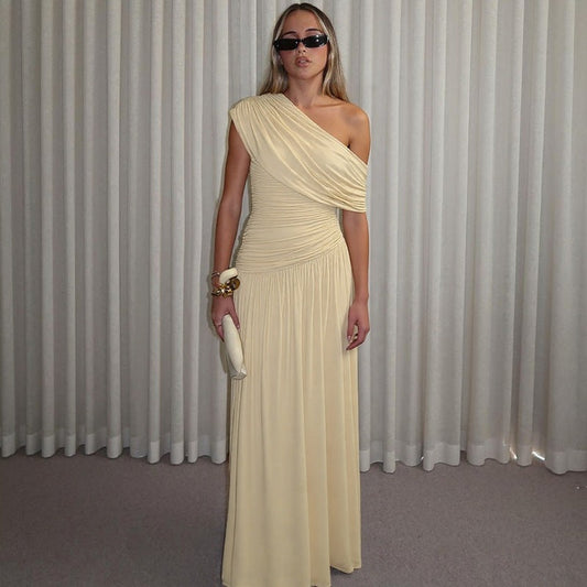 Women Clothing Spring Arrival Fashionable Sexy Diagonal Collar Pleated Asymmetrical Solid Color Dress