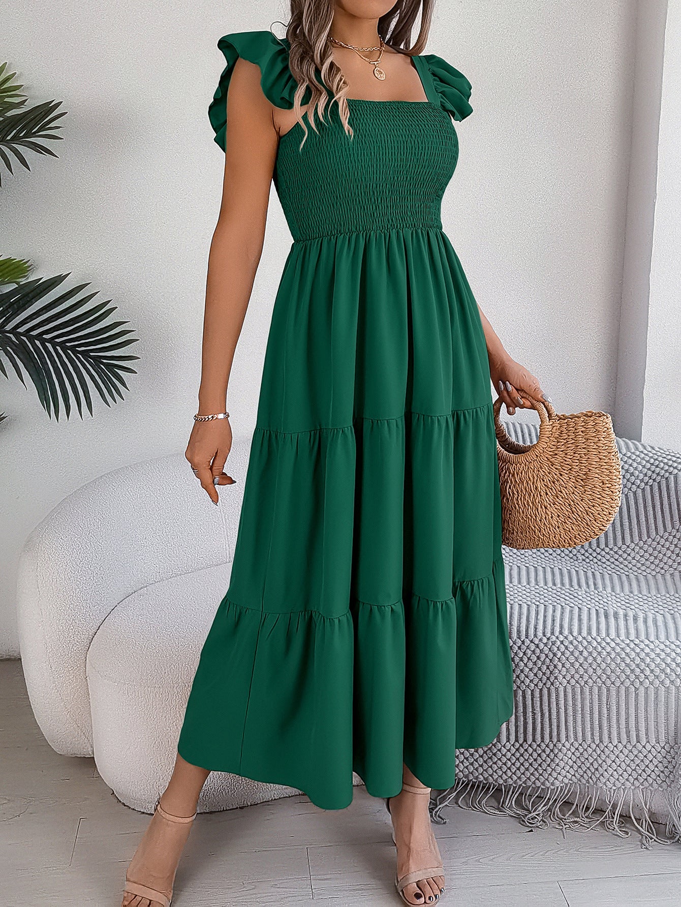 Summer Solid Color Square Collar Wooden Ear Waist A line Dress Women Clothing