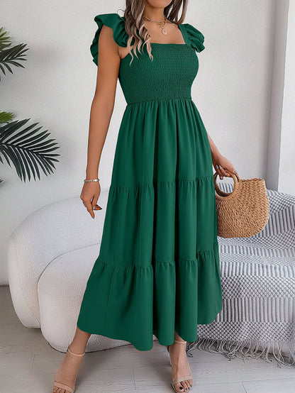 Summer Solid Color Square Collar Wooden Ear Waist A line Dress Women Clothing