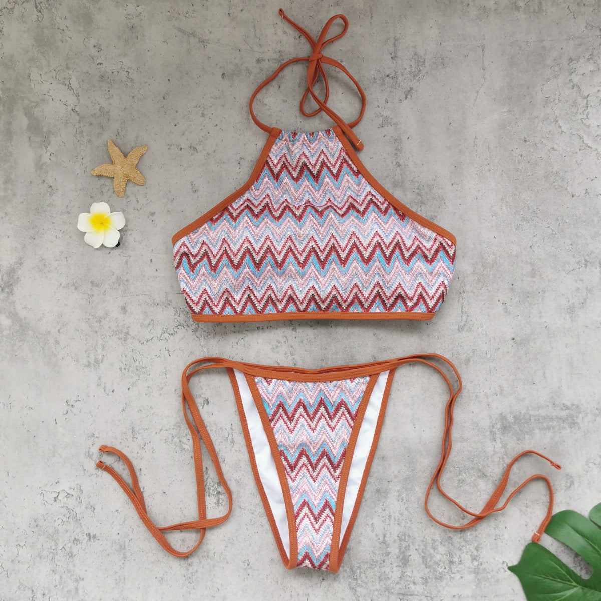 Halter Strap Sexy Backless Low Waist Tube Top Bikini Striped Printed Split Swimsuit Bikini