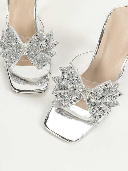 Stiletto Heel Graceful Bow Square Toe High Heel Crystal Wine Glass Heel Women Sandals