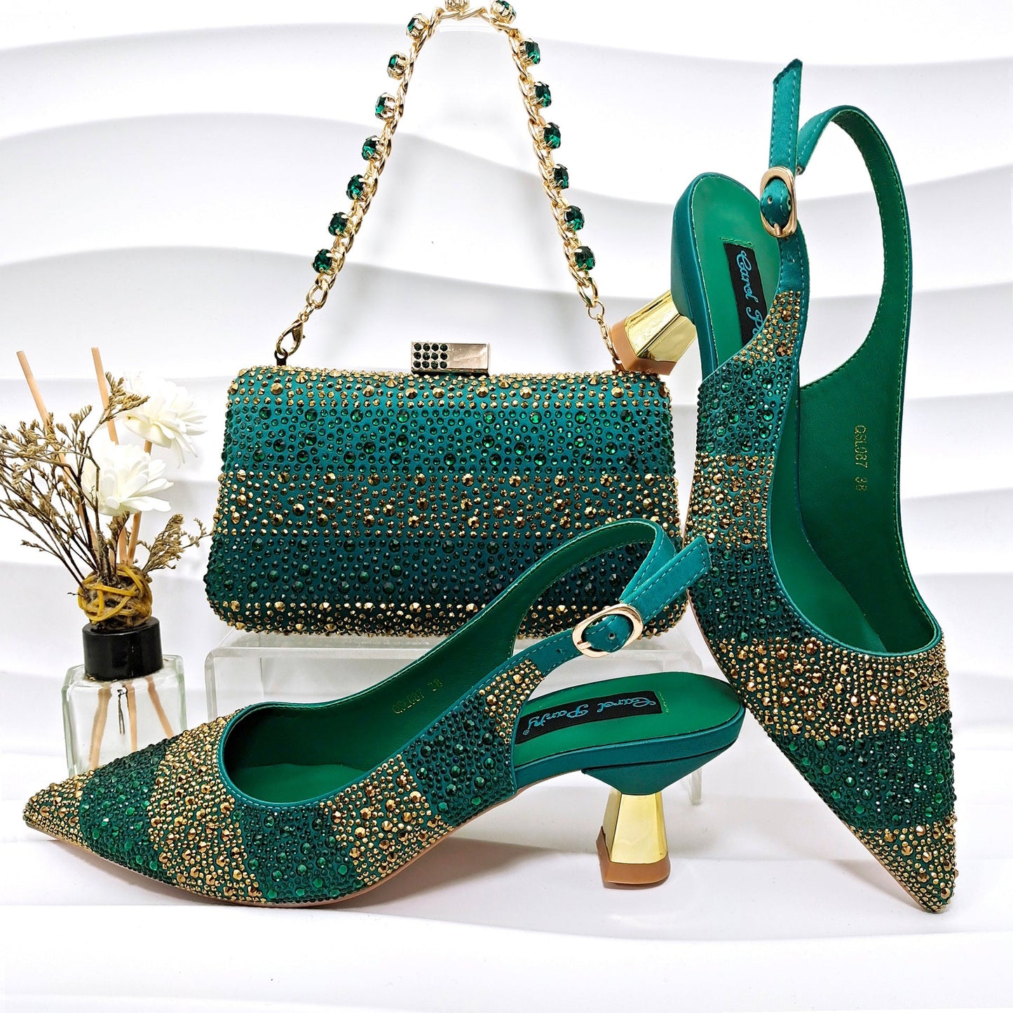 Simple Pointed Striped Delicate Rhinestone Decorative Cocktail Elegant Women Shoes Bags Two Piece Sets High Heels