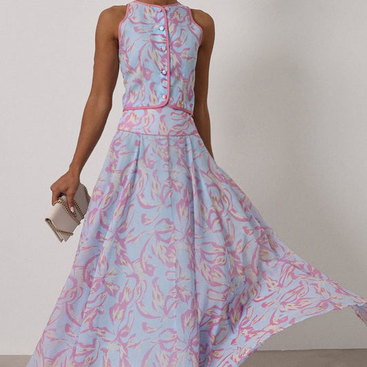 Summer Printed Skirt Set Women Arrival round Neck Sleeveless Cardigan Top Skirt Two Piece Set Commuting