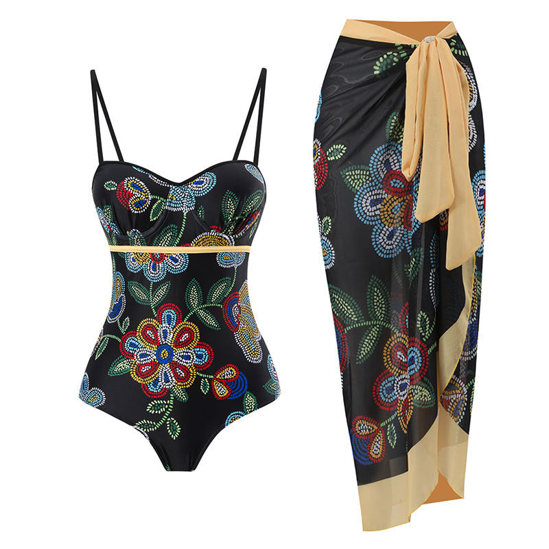One Piece Swimsuit Women Skinny Slimming Vintage Printed Chiffon Dress with Steel Bracket Hard Bag Swimsuit