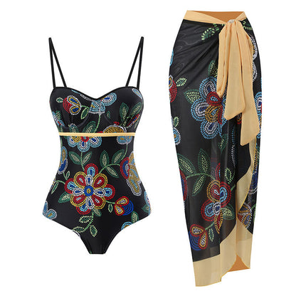 One Piece Swimsuit Women Skinny Slimming Vintage Printed Chiffon Dress with Steel Bracket Hard Bag Swimsuit