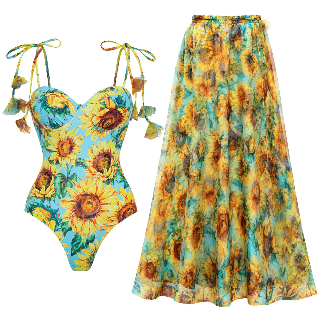 Swimsuit Sunflower Print Lace up Hard Bag One Piece Swimsuit Set Women